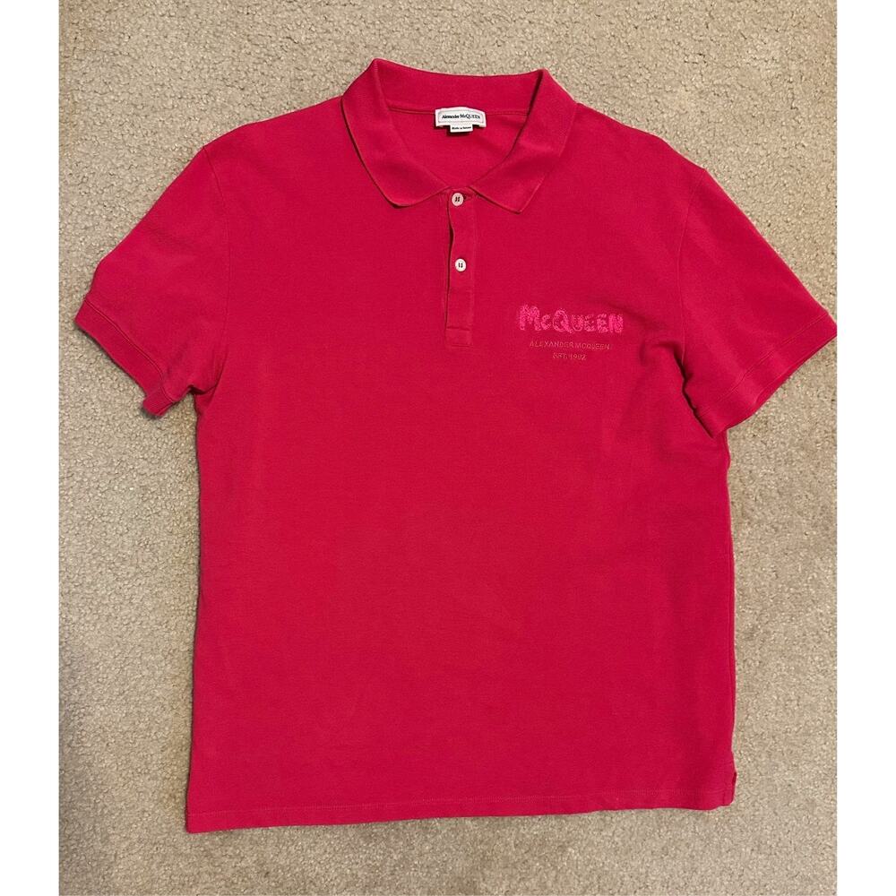 Alexander McQueen Deep Pink Embroidered Graffiti Mesh Logo Polo Shirt Size Large